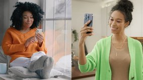 Two young african american girls waving hand hello using smartphone talking to front camera on mobile phone online. Women of color on selfie call communicating with friend on split screen video call