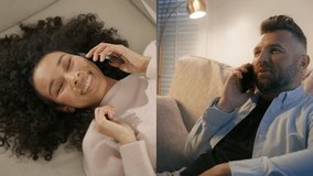 Flirting mixed race curly woman communicating with boyfriend by phone laying on couch. Middle aged handsome man speaking by smartphone in living room. Romantic couple talking by mobile phone distance - Powered by Shutterstock - Get 15% off with code: PIKWIZARD15