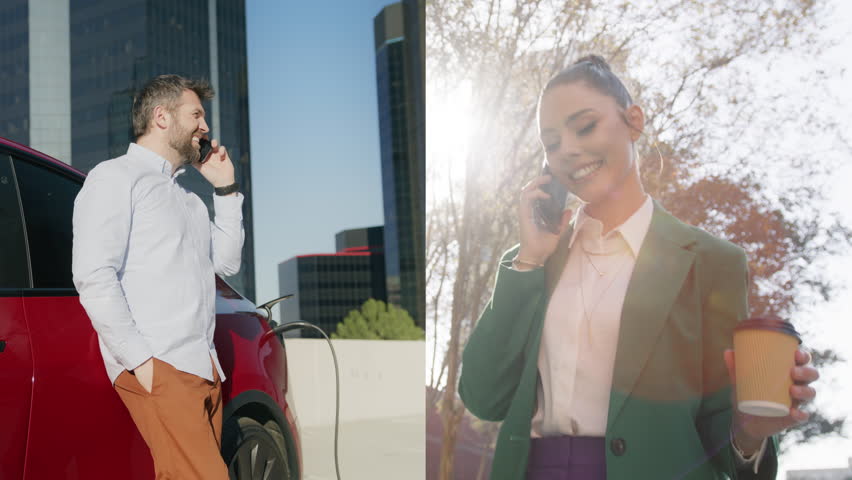 Split screen montage of two professional persons communicating over phone outdoors. Young woman using mobile phone while walking. Smiling businessman talking by smartphone while charging electric car Royalty-Free Stock Footage #3400237399