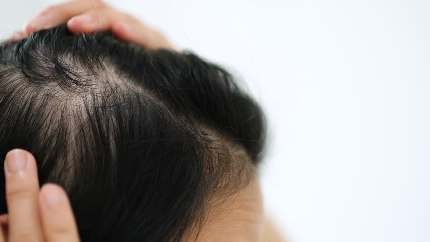 Asian woman parting her hair revealing hair loss or thinning hair.	 Royalty-Free Stock Footage #3400294445