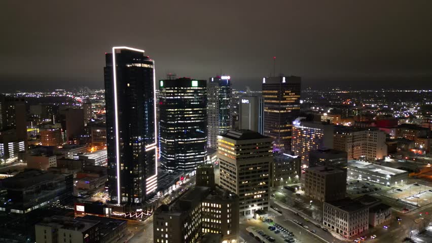 Winnipeg Skyline Night Drone Aerial