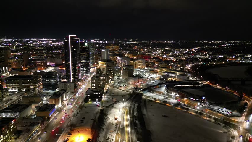 Winnipeg Skyline Night Drone Aerial