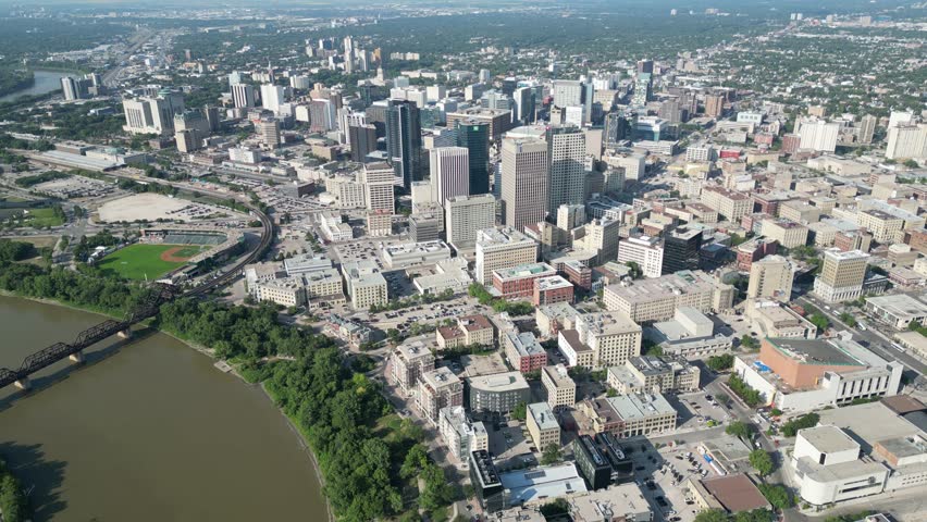 Winnipeg downtown skyline from south of portage drone aerial summer