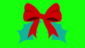 Animated Flat Loop Red Ribbon Bow Isolated on Green Screen. Red Satin Ribbon Tie with Christmas Holly Berries Leaves. New Year, Birthday and Traditional Celebrations Decorative Gif, Design Element.