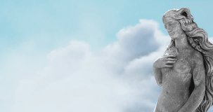 Animation of gray sculpture of woman over blue sky and clouds, copy space. Abstract background, art and statuary concept, digitally generated video.