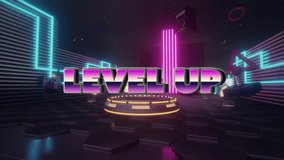 Animation of gaming icons and level up text over neon shapes. Abstract background, technology, retro and gaming, digitally generated video. - Powered by Shutterstock - Get 15% off with code: PIKWIZARD15