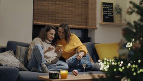 A young lesbian couple spends time together during the Christmas holidays. Two women take selfies on the phone while sitting on the couch in the living room. - Powered by Shutterstock - Get 15% off with code: PIKWIZARD15
