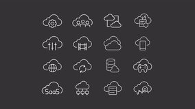 Pack of white thin linear icon animations representing cloud computing, simple HD video with transparent background, seamless loop 4K video.