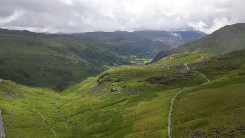 Drone shot of Snowdonia National Park in Wales, United Kingdom
