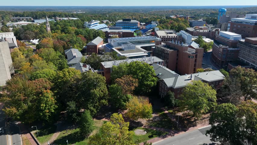 University of North Carolina dorms and football stadium during autumn. Aerial view of UNC Chapel Hill campus.