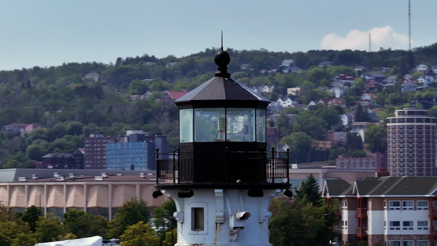 Zoomed in shot circling a lighthouse in Duluth Minnesota