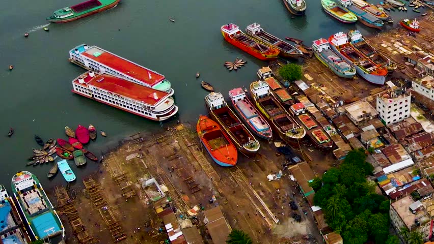 Aerial view: Shipyard in Sadarghat, Dhaka, Bangladesh. Buriganga river