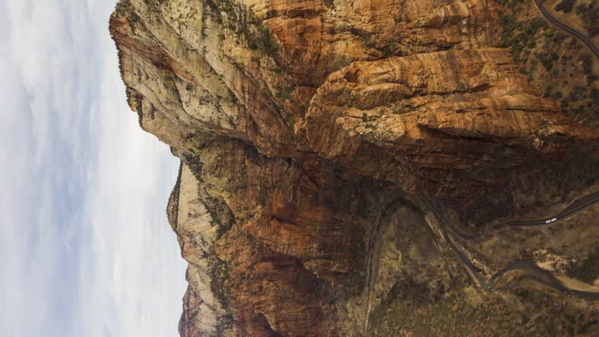 Zion Canyon from Top of Angels Landing. Zion National Park. Utah, USA. Motion Panning Time Lapse. Wide Shot. Vertical Video