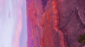 Grand Canyon at Sunrise. South Rim. Arizona, USA. Moving Panning Time Lapse. Wide Shot. Vertical Video