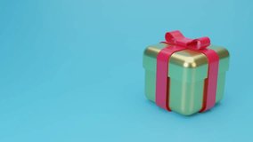 3d animation Realistic Gold Gift Boxes with Red Ribbon. Gift Bow. 3d golden gift box with red ribbon bow isolated on a blue background. Realistic looped movie for present, wedding banners. 3d render - Powered by Shutterstock - Get 15% off with code: PIKWIZARD15