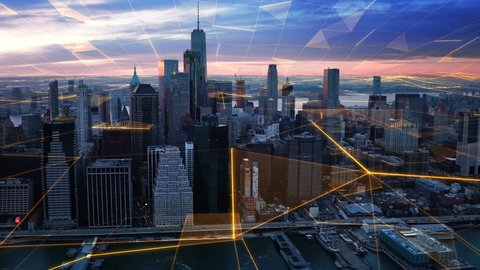 Aerial view of New York with big data network.  Technology. Futuristic. Perfect to illustrate: internet of things, smart cities, big data, augmented reality.  Shot from helicopter.
