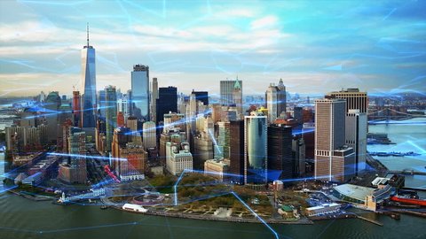 Aerial view of New York with big data network  Technology. Futuristic. Perfect to illustrate: internet of things, Smart cities, big data, augmented reality.  Shot from helicopter.