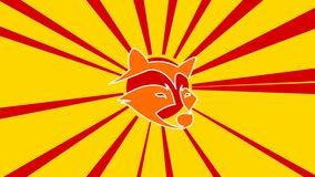 Raccoon head symbol on the background of animation from moving rays of the sun. Large orange symbol increases slightly. Seamless looped 4k animation on yellow background