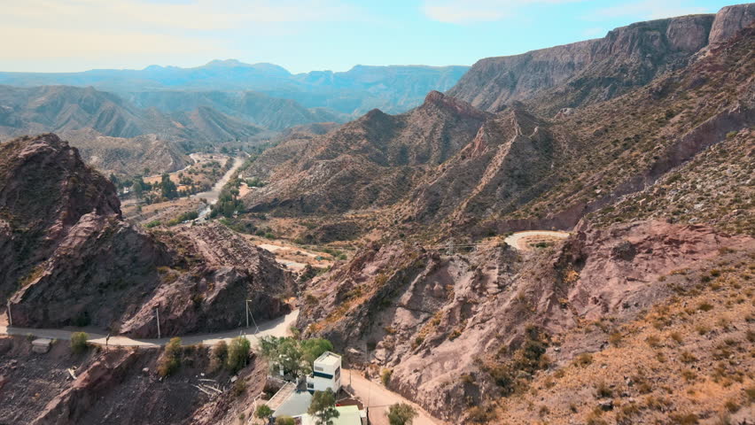 Drone image of the road leading to Canon del Atuel, capturing the scenic journey amidst the captivating landscapes of San Rafael, Mendoza, Argentina.