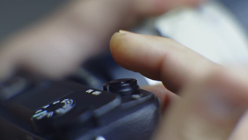 Photographer Pressing Button On Digital Camera. Captures Moments Taking Photos Social Media Influencer Create Digital Content. Shutter Release Taking Photo On Professional Camera. Push Shutter Button 