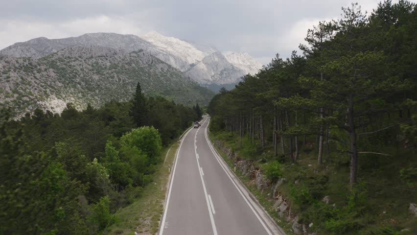 Land rovers drive along a beautiful road in nature. A beautiful mountain in the background.