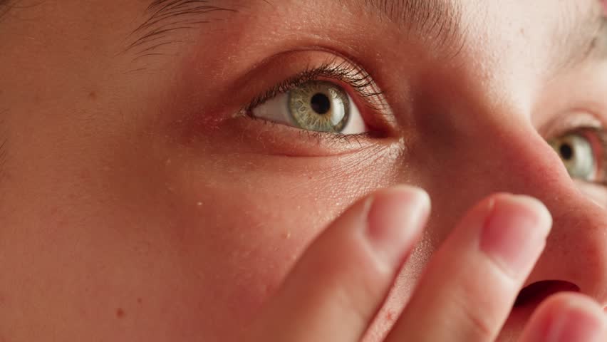 Young woman applying hydrogelic serum cream on her face close-up. Morning skin care routine. Pink background