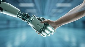 AI Robot Hand Shaking Another Hand In A Room With Blue Lights Workshop Advertising Photography Robotics Engineering - Powered by Shutterstock - Get 15% off with code: PIKWIZARD15