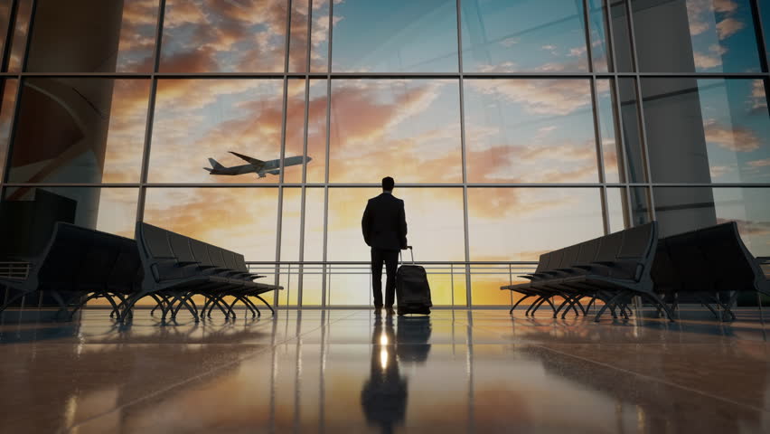 A Man Standing In Front Of An Airport Window With A Suitcase In Front Of Him Airport Travel Photography Business Travel Royalty-Free Stock Footage #3400895633