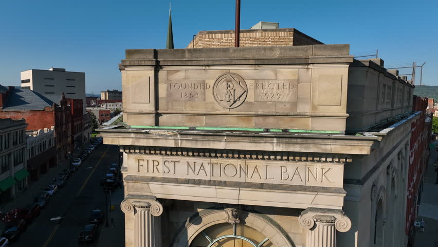 Aerial view of an old bank building in Binghamton, New York.