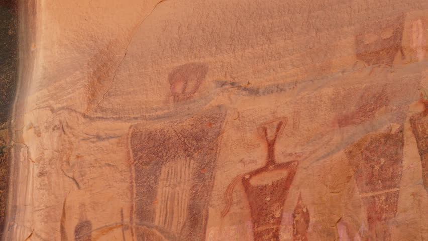 Panning view of the rock art at Sego Canyon petroglyphs near Thompson Springs, Utah.