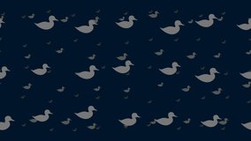 Duck symbols float horizontally from left to right. Parallax fly effect. Floating symbols are located randomly. Seamless looped 4k animation on dark blue background