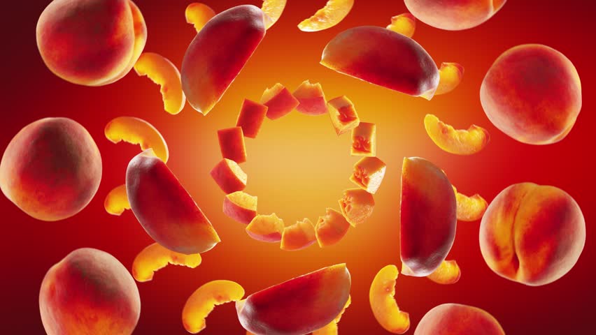 Flying Peach and Peaches slices in Red Yellow Peach Background