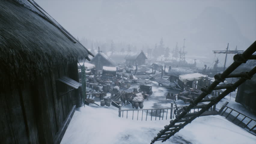 A graphic scene that expresses the surrounding environment of Vikings in a snowy winter
