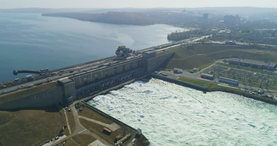 Panoramic view of Hydroelectric Dam on the River, Water Discharge From the Reservoir. Renewable Energy Source. Pumped-Storage Hydro Power Plant