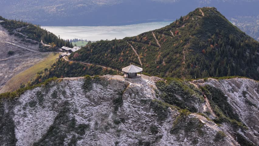 Aerial, parallax. Breathtaking panoramic view from Herzogstand mountain