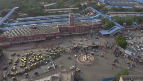 Aerial top view of the railway station Building, Drone Shot Over Jodhpur Railway Station Building, Jodhpur railway station skyline, from a high angle perspective stock video.