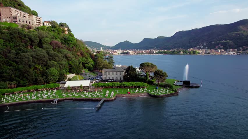 Aerial orbit, Villa Geno and famous Como fountain, Lake Como, Italy