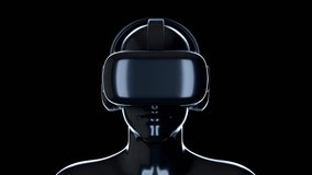 Black chromium man head in virtual reality glasses and headphones. Game or entertainment device. Futuristic technology concept art. Bright fashion 3d animation.