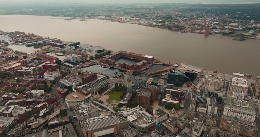 Aerial view of the iconic Royal Albert Dock located along the picturesque River Mersey in Liverpool