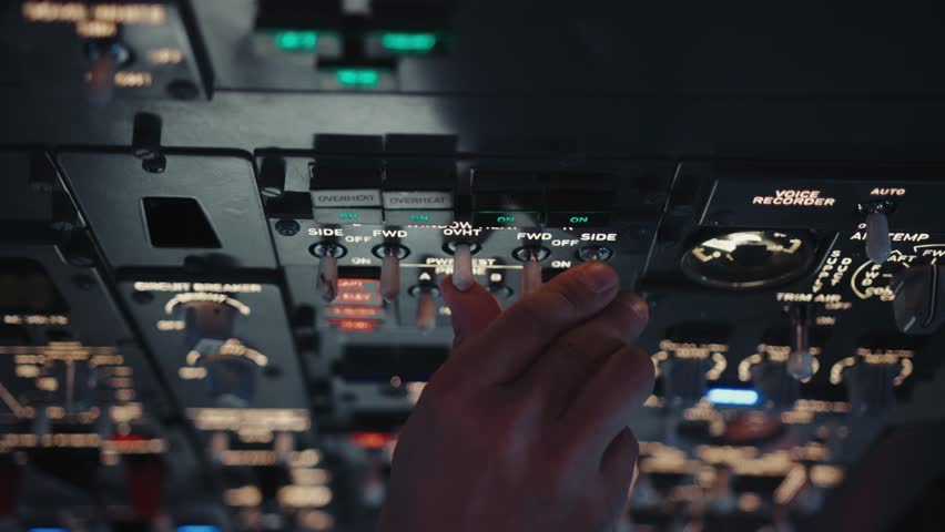Hand of Airplane Pilot Using Control Panel in Plane Cockpit Close-Up. Aviator Using Technology in Aircraft Cabin to Flight Study. Ready Man Preparing to Fly Off Airport and Turning Switches Closeup 4k