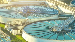 A wastewater treatment facility employs physical, chemical, and biological processes to treat sewage and industrial effluents, ensuring the safe discharge of treated water into natural bodies. Drone.
