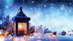 Hand Lantern with Candle on a Table with Christmas Toys. Pine tree branch with cones. Twinkling Stars. Snowfall, Snowflakes. Fabulous Christmas Spirit. Video Postcard. For Text Greeting. Looped video.