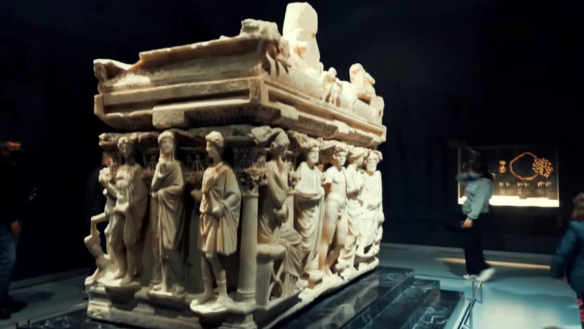 Antakya, Hatay Region, Turkey - 26.11.2021: Ancient Sarcophagus exhibited in the Antakya Archaeology Museum