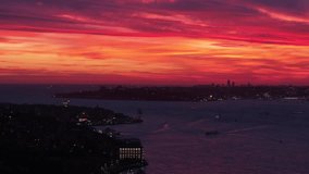 Incredible Red Sunset Lights in the Istanbul Icons Drone Video, Kuzguncuk Üsküdar, Istanbul Turkiye (Turkey)