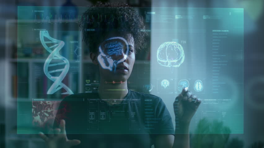 Medical Science New Technology, Female Doctor Using VR Glasses Virtual Reality Working On AI Interface. Brain, Human Body, MRI. Innovative Scientist In Laboratory Room Checking Cyber Charts Graphics. - Powered by Shutterstock - Get 15% off with code: PIKWIZARD15