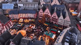 Frankfurt Christmas Market, Aerial Winter Drone Shot. Weihnachtsmarkt at Romerberg Square, Frankfurt am Main, Germany. - Powered by Shutterstock - Get 15% off with code: PIKWIZARD15