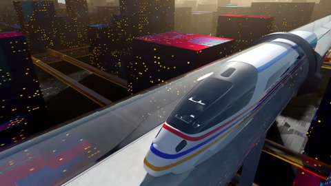 Concept of hyperloop. High-speed passenger train moves in a glass tunnel against a background of a night cityscape with lights. Seamless animation, loopable element