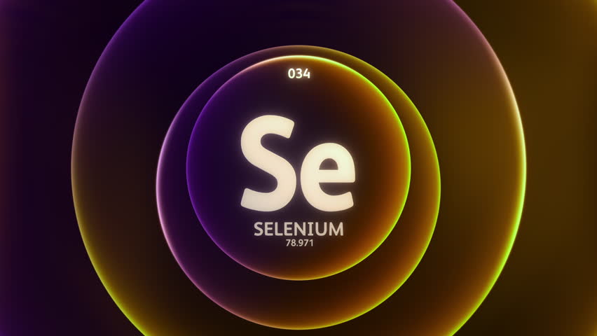 Selenium as Element 34 of the Periodic Table. Concept animation on abstract orange purple gradient rings seamless loop background. Title design