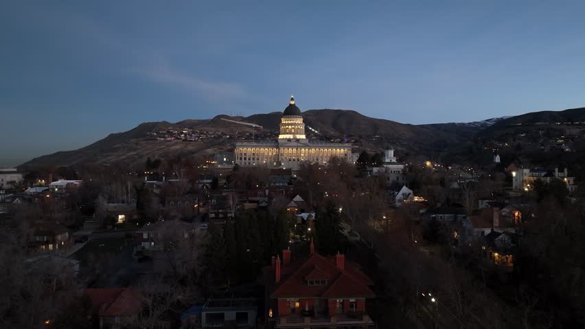 Salt Lake City Utah state capitol building at dawn - aerial view