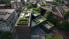 Eco-friendly rooftop gardens. Climate change mitigation. Modern urban design for environmental protection and carbon emissions reduction. Aerial with motion graphics, 3D render animation. - Powered by Shutterstock - Get 15% off with code: PIKWIZARD15